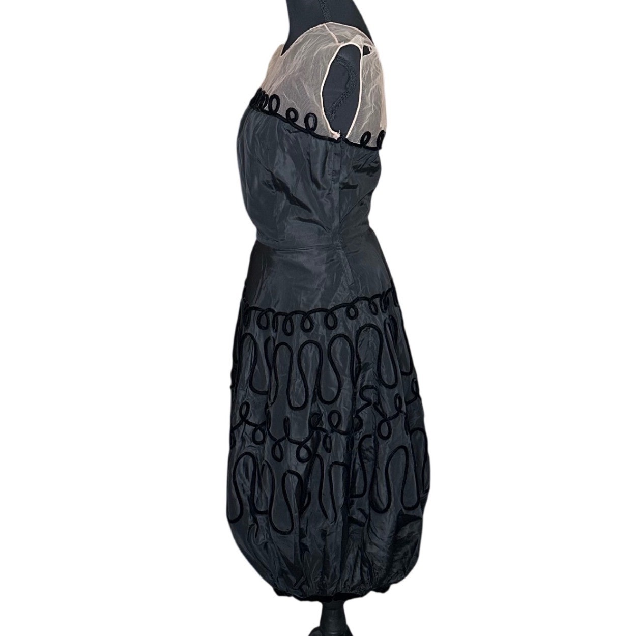 Vintage Arnold Fox Black Bubble Hem Dress Velvet Soutache Illusion Neck MCM Flaw