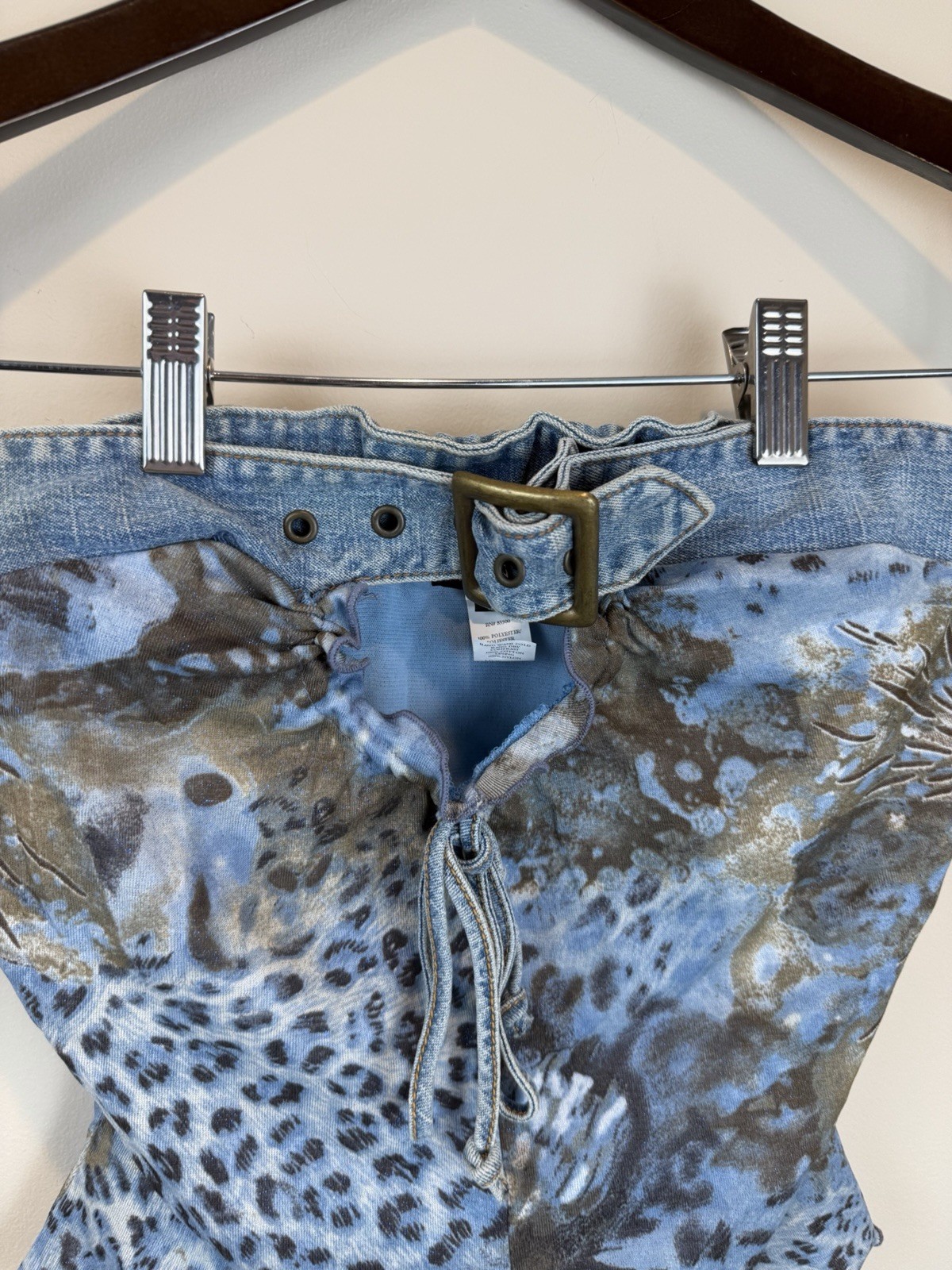 Vintage Y2K XOXO Denim Blue Leopard Print Belted Keyhole Tube Top Size Small