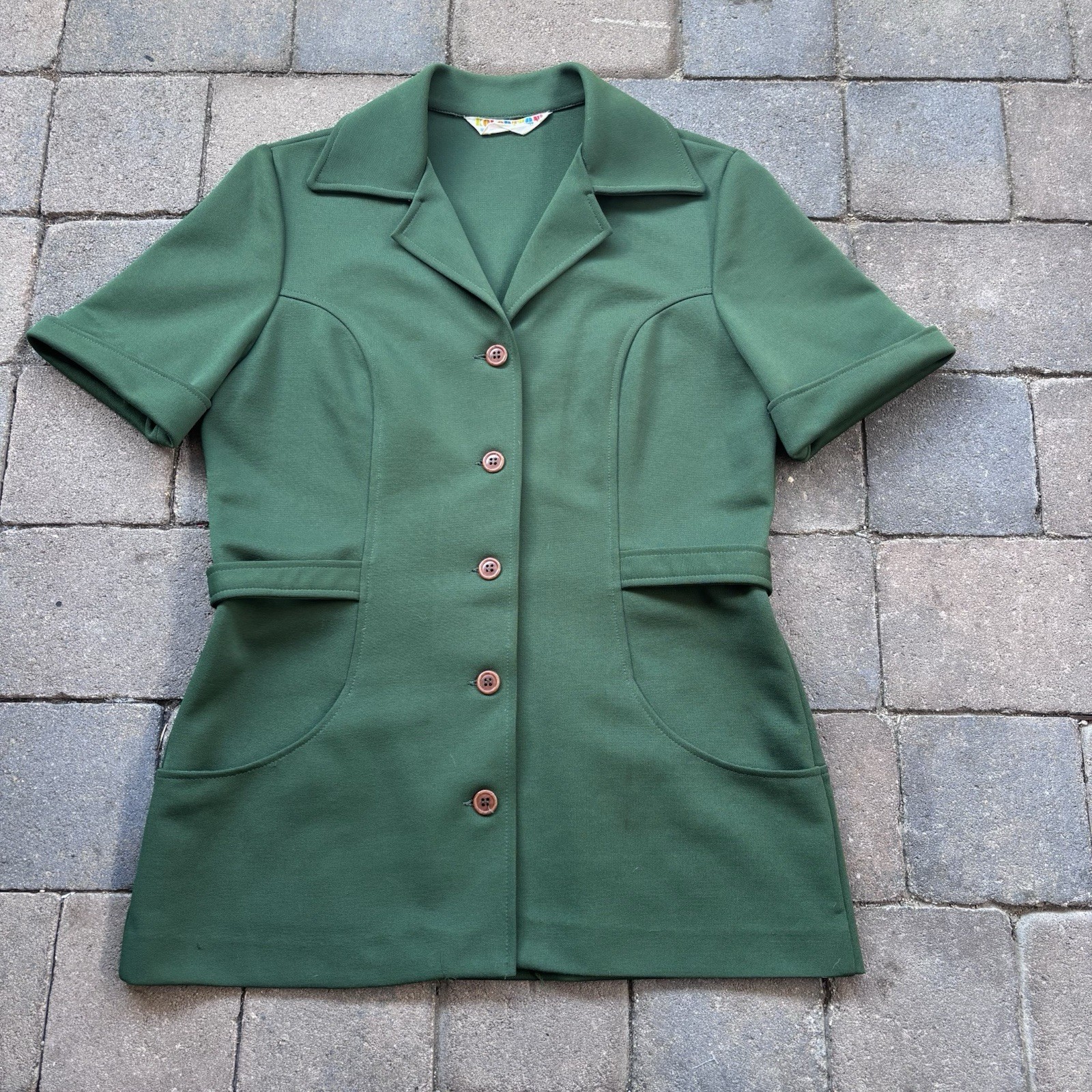 Vintage 60s Women&rsquo;s Koret Kolortron Green Collar Shirt Blouse Button USA Made