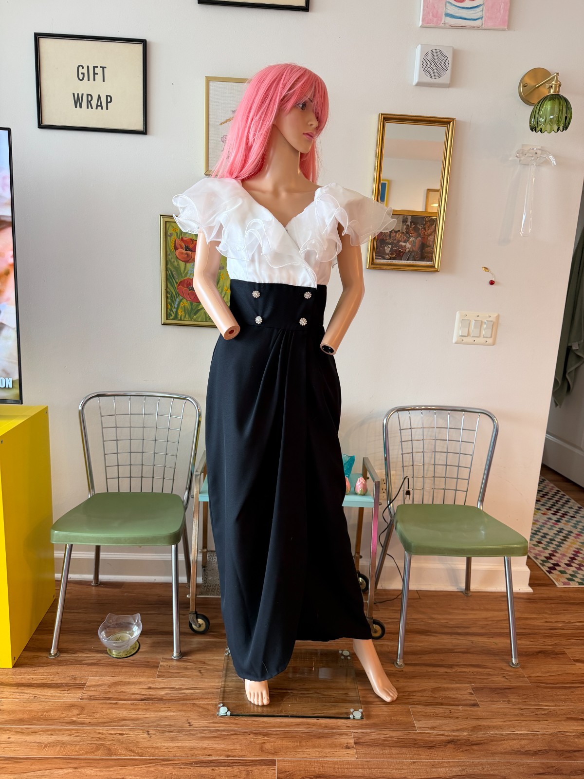 🎹 Vtg 80s Trophy Dynasty Glam Ruffle Tuxedo Cummerbund Maxi Party Dress M