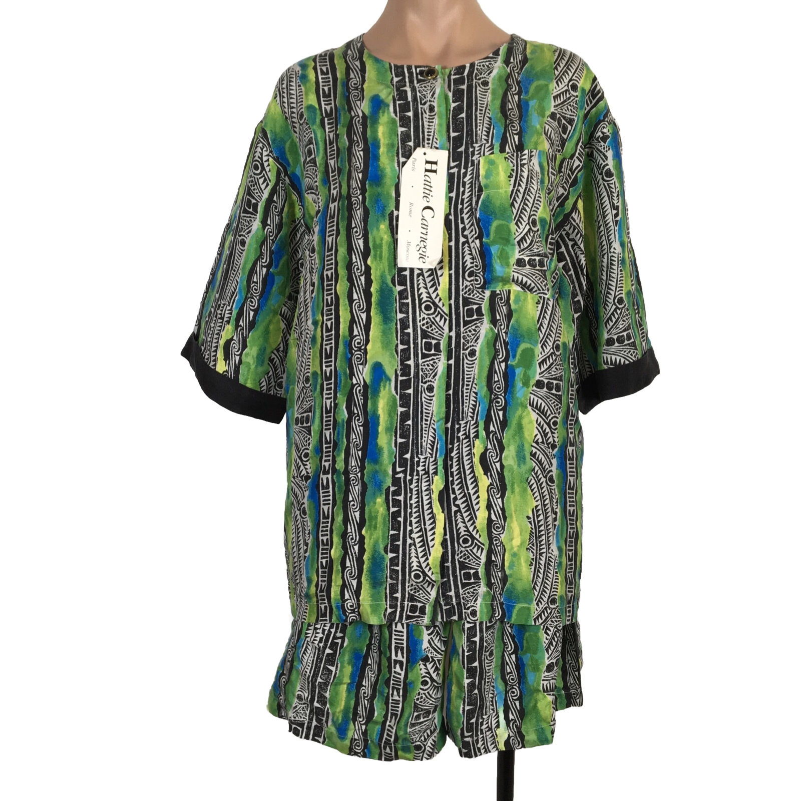 VTG 80s Geometric Short Blouse 2pc Silk Suit Hattie Carnegie Art 2 Wear M NEW