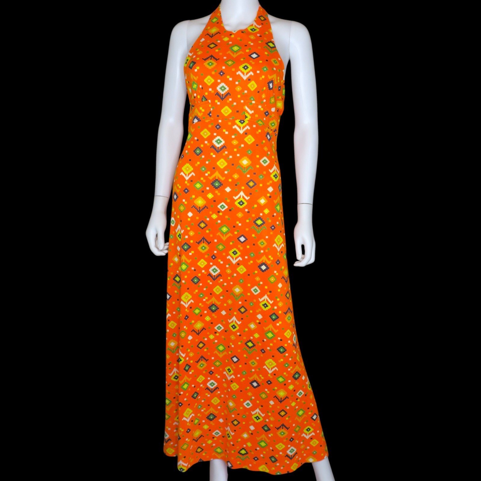 Vintage 70s Sears JR Bazaar Halter Maxi Dress Multicolor Hawaiian Mod Women&rsquo;s SM