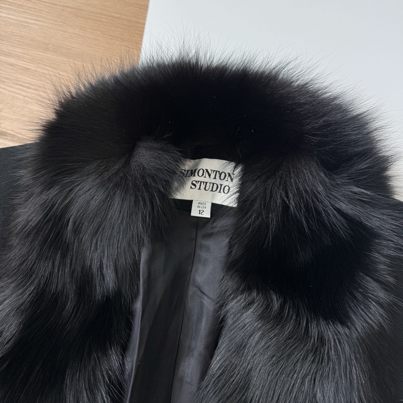 Vintage Wool Jacket Fox Fur Collar Black USA 90s Simonton Studio Large