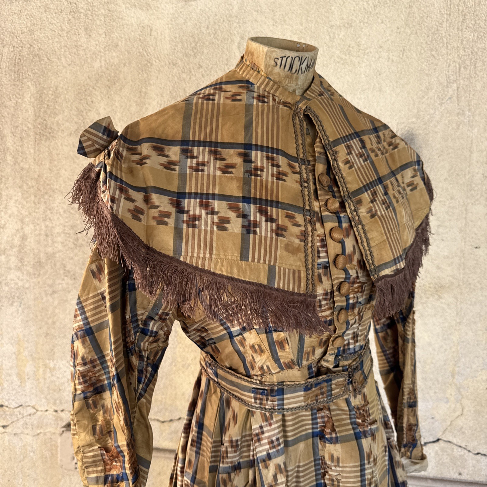 Antique Victorian Brown & Blue Plaid Silk Dress & Cape 1860s Vintage