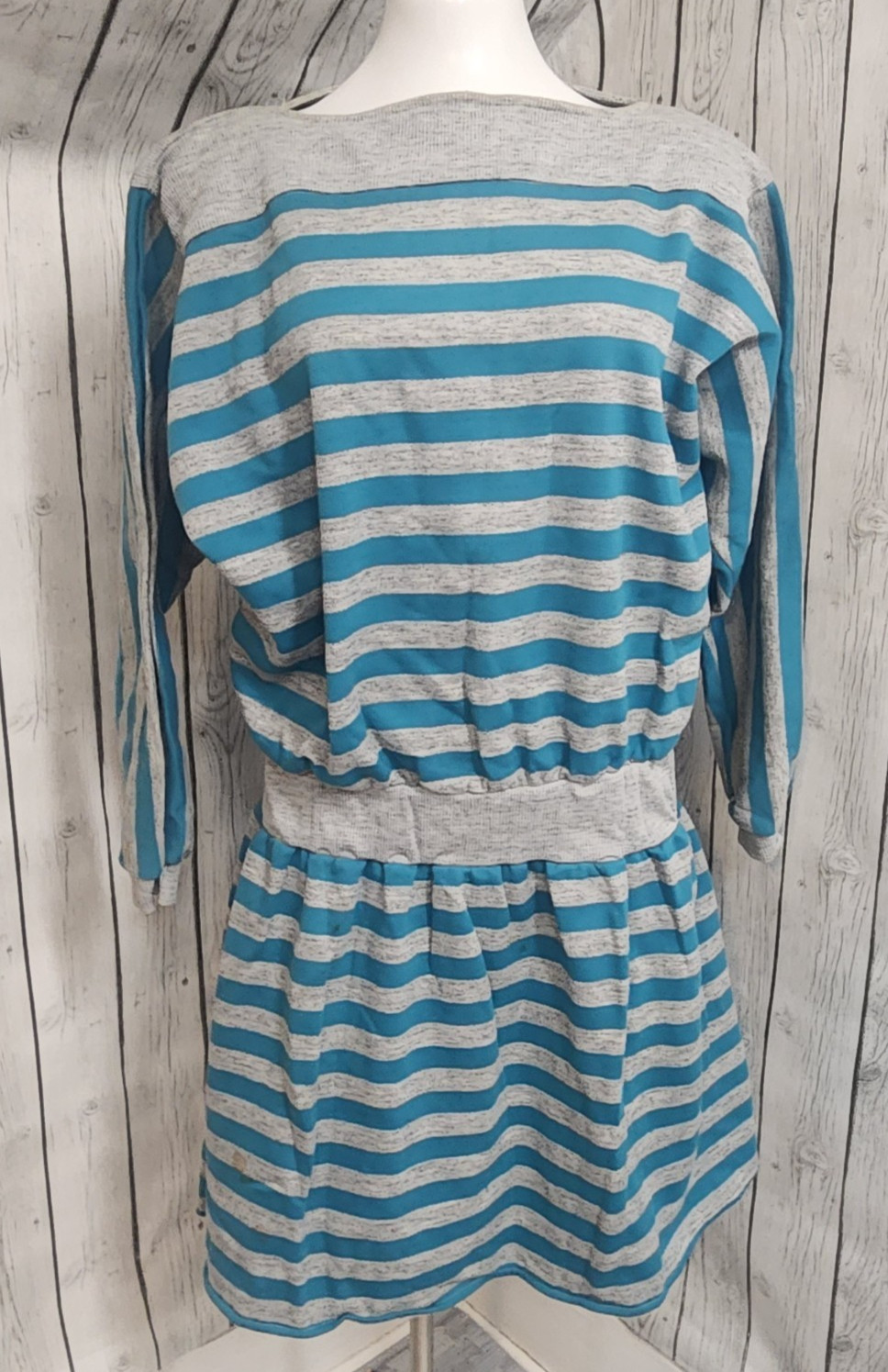 Vintage 80s Wallis Blue Gray Striped Knit Dress Dolman Sleeve Elastic Waist SzM