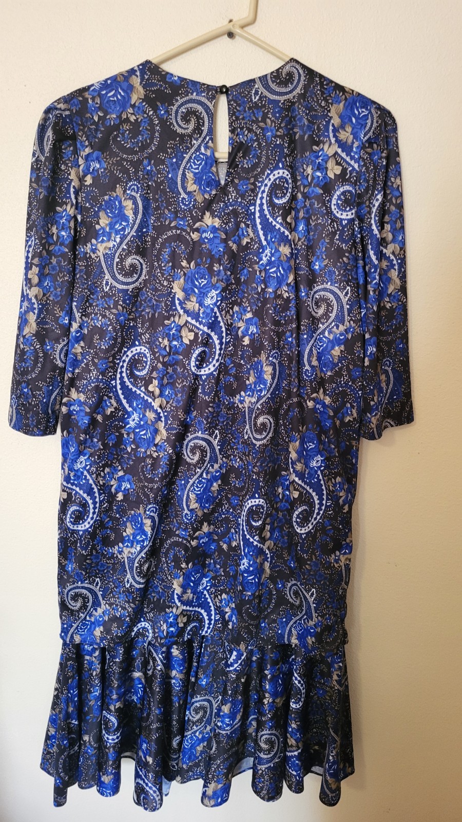 Vintage Risa Ann NY Blue Paisley Pleated Party Dress 14.5 Key Hole Back 80s 90s