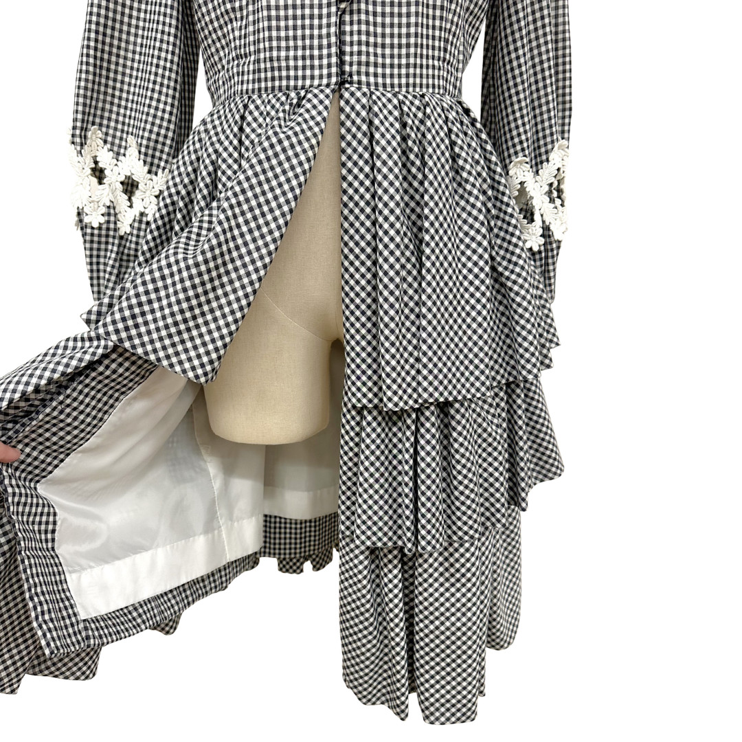 Vintage 1970s Gingham Black & White Layered Tiered Open Front Cutout Sleeve Coat
