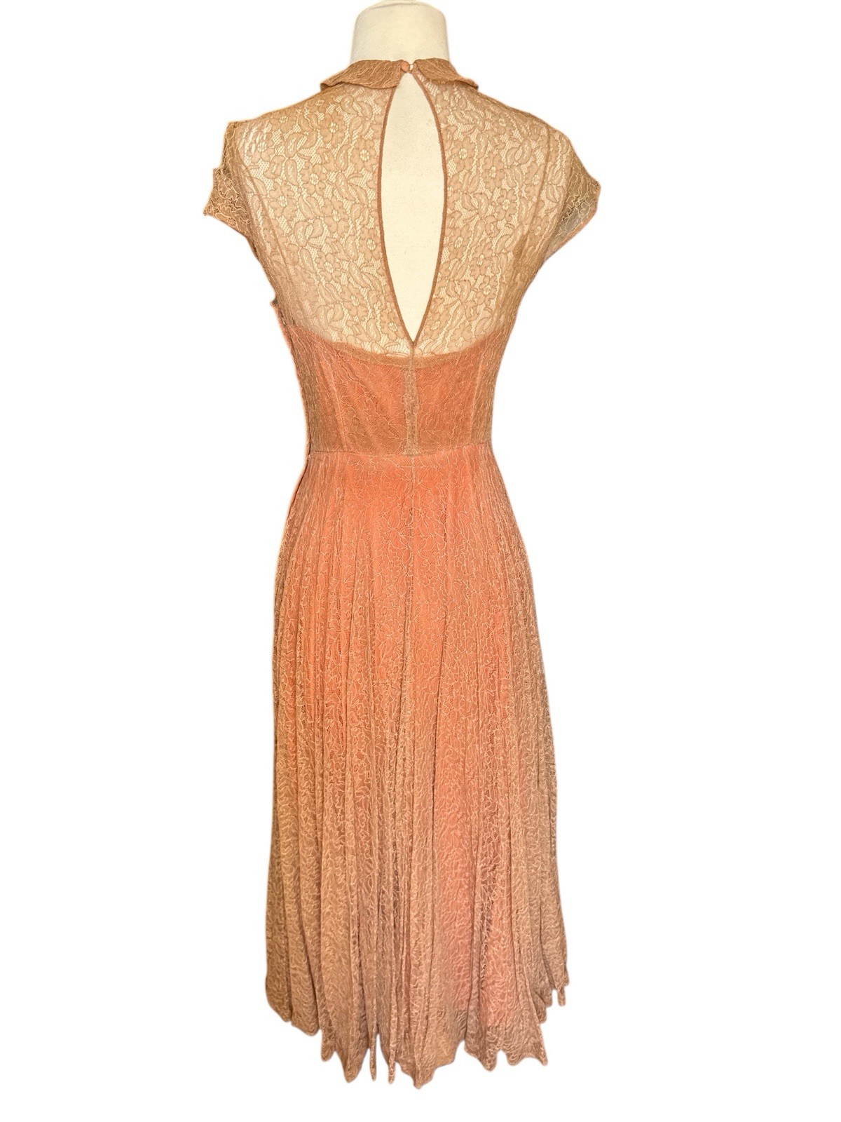 Vintage 40’s Ceil Chapman Lace Gown Peach Brown Copper 24” Waist Midi Sz 4