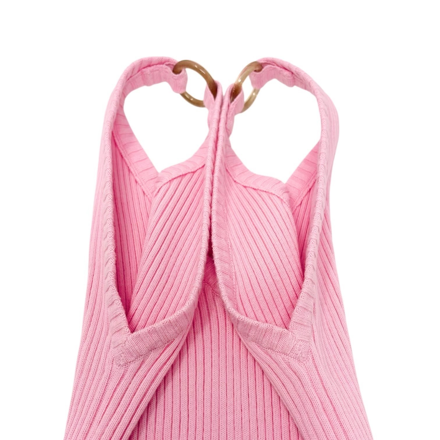 CHANEL Vintage 01C CC Logo Knit Rib Tank Top #42 Gold Rings Pink Cotton