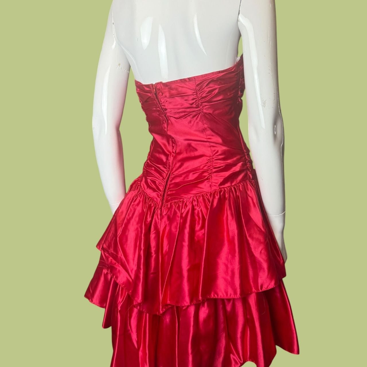 Vintage 1980s Roberta Red Satin Strapless Ruffled Party Dress