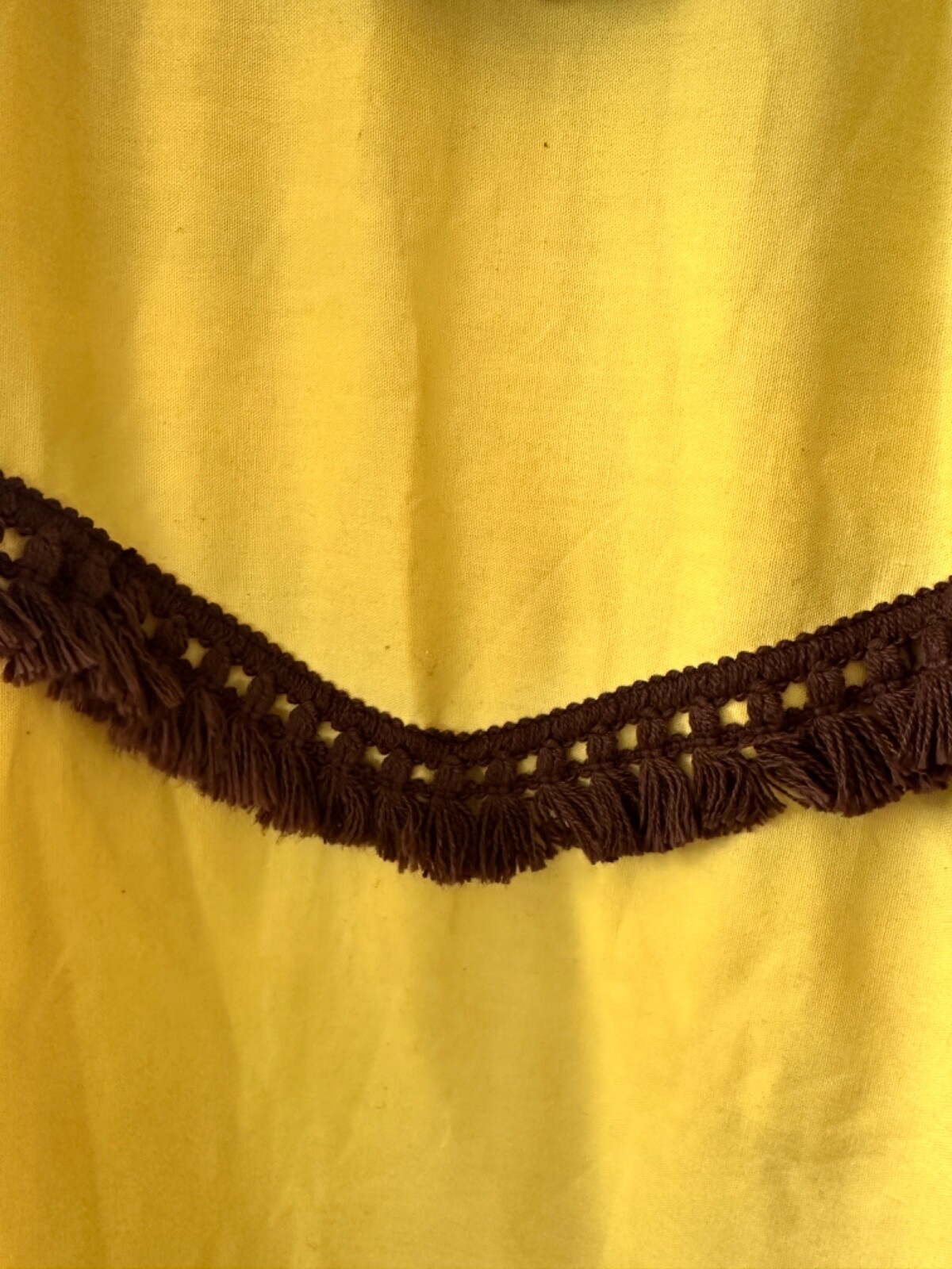 VTG Handmade Boho Yellow Shift Dress 70s Cotton Folk Dress Brown Fringe Granny
