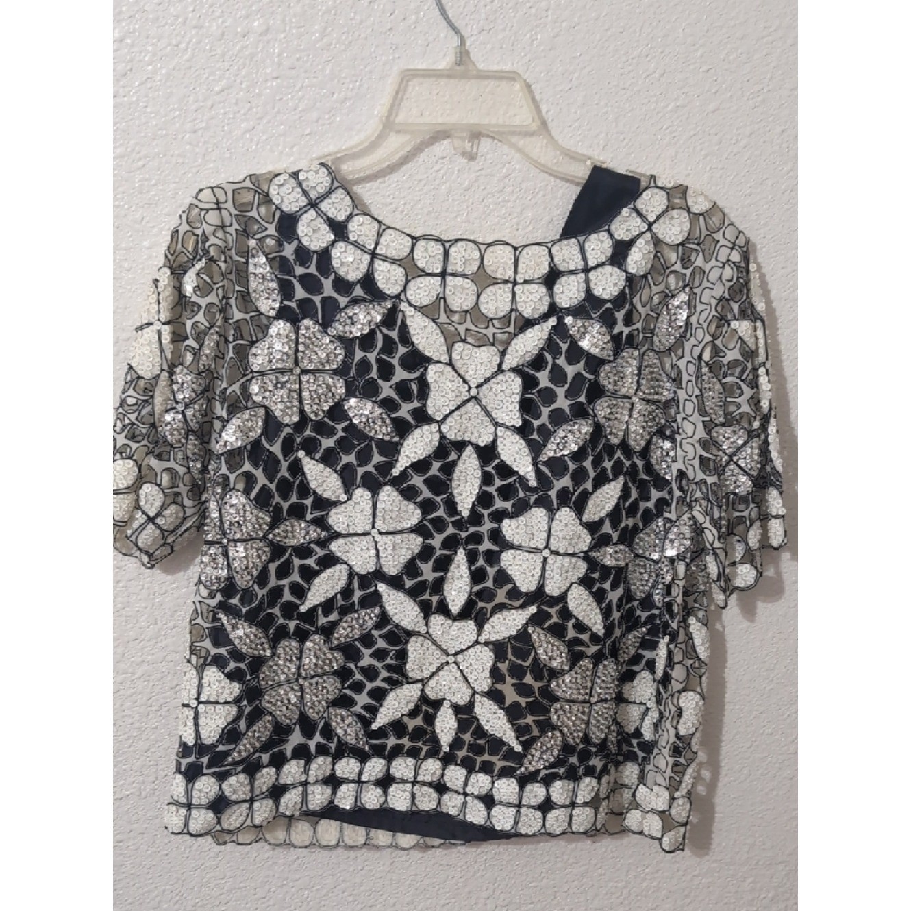 Vintage Hand Beaded Sequin Top Tesoro Manila Black White Floral Statement Blouse