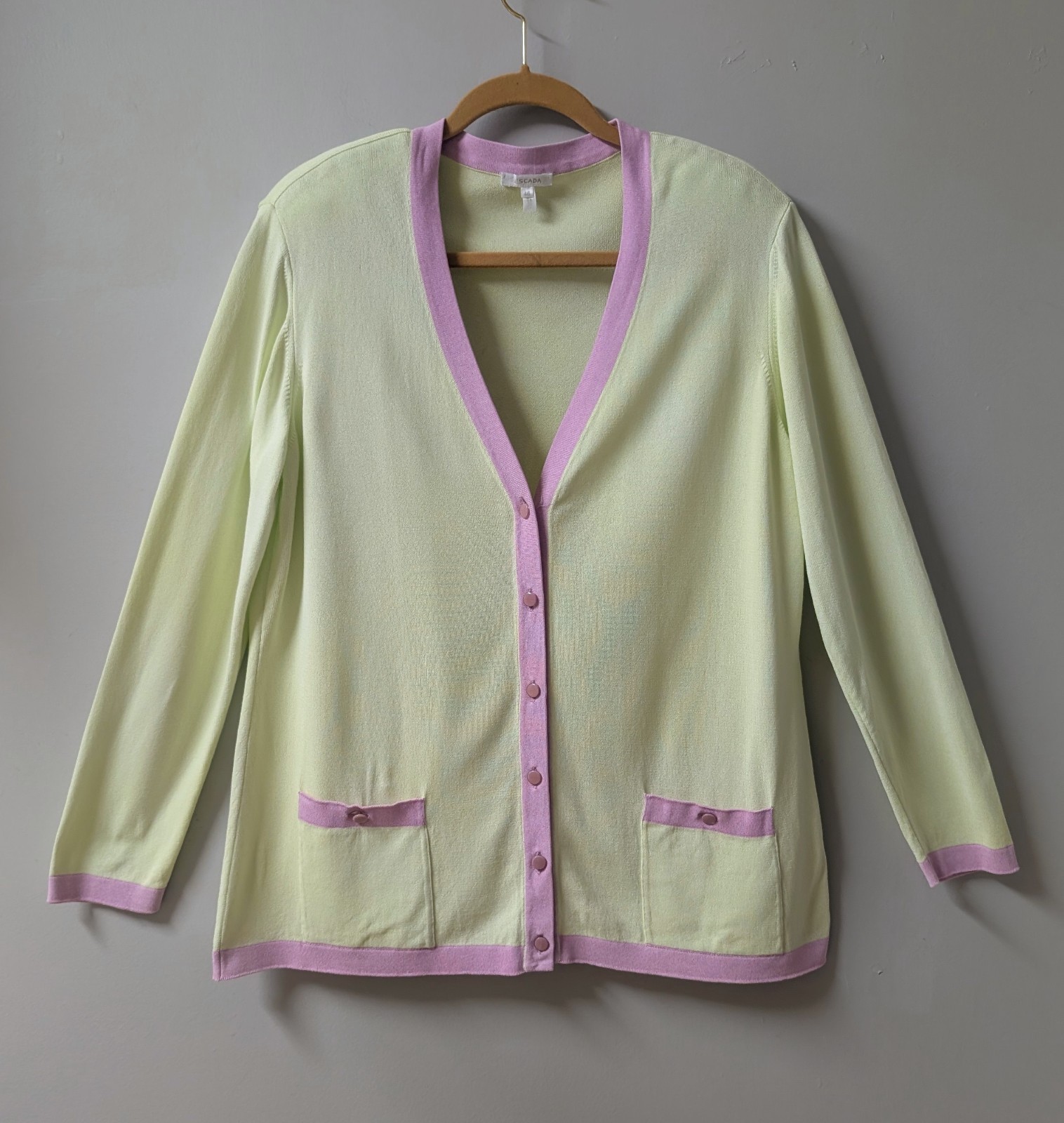 Escada Vintage V-Neck Cardigan Sweater Chartreuse Yellow Lilac Pink Germany 46