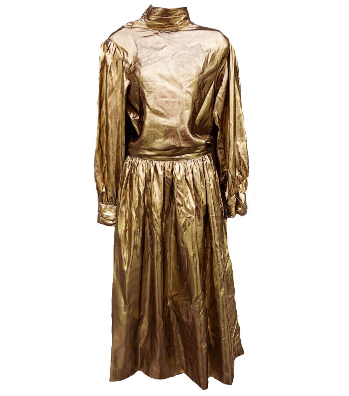 Gold Lame Lloyd Williams VTG 70&rsquo;s / 80&rsquo;s Two Piece Long Sleeve Dirndl Dress 8