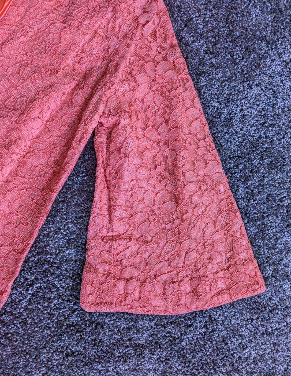Vtg 60s Coral Peach Lace A-line Dress Bell Sleeves Satin Bow Sz M Party Cocktail