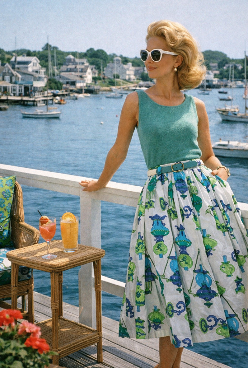 Vintage 60s Women&rsquo;s Blue + Green Novelty Lamp Print Skirt with Belt- Sz XS/S