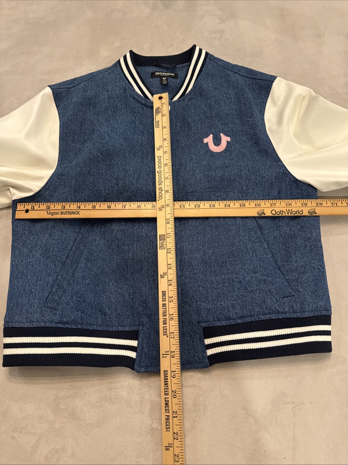 TRUE RELIGION DENIM White VARSITY JACKET Womens Size Large Blue/White