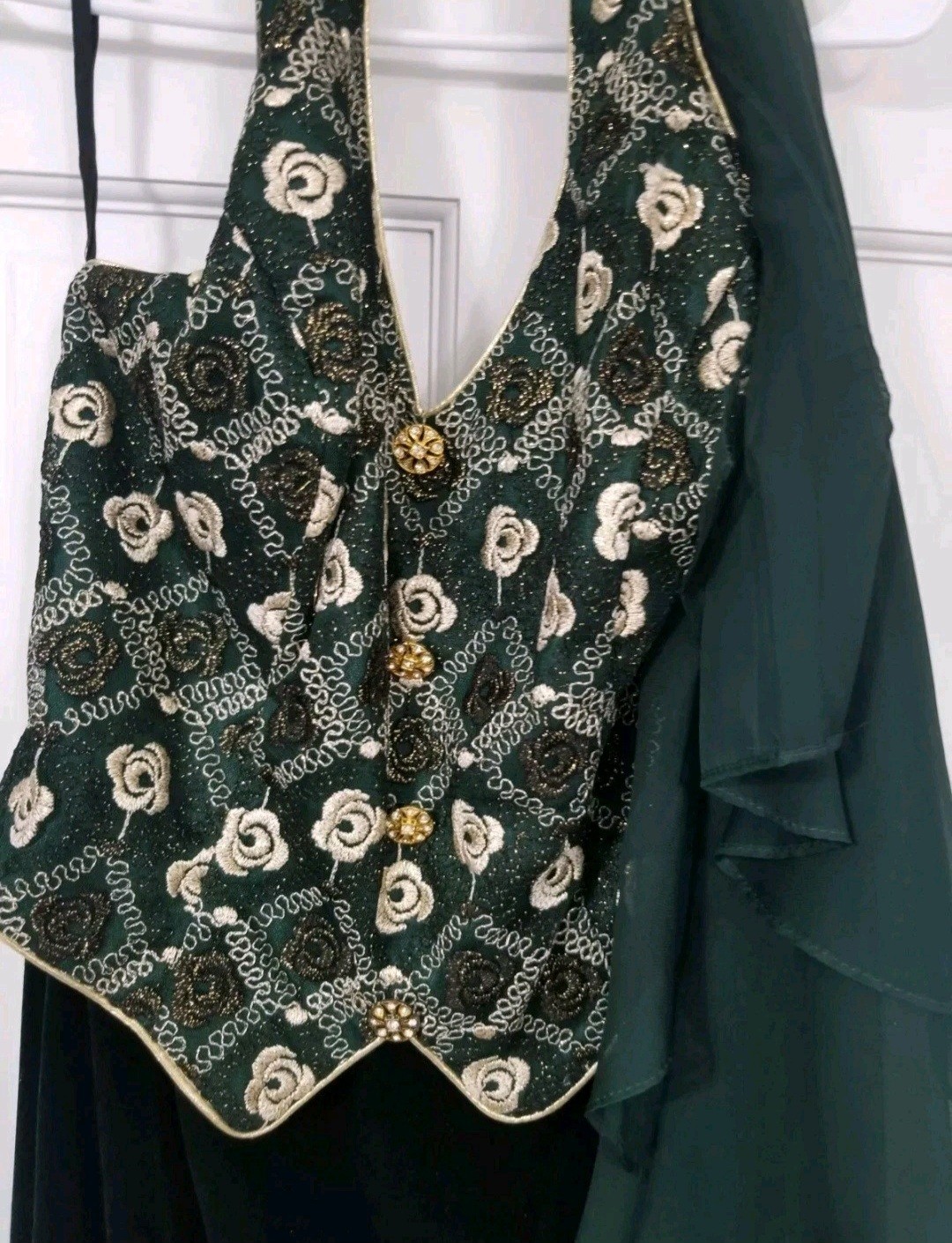 Vintage Aspeed Size Medium Formal Dress Green Velvet Gold Embroidered Sleeveless
