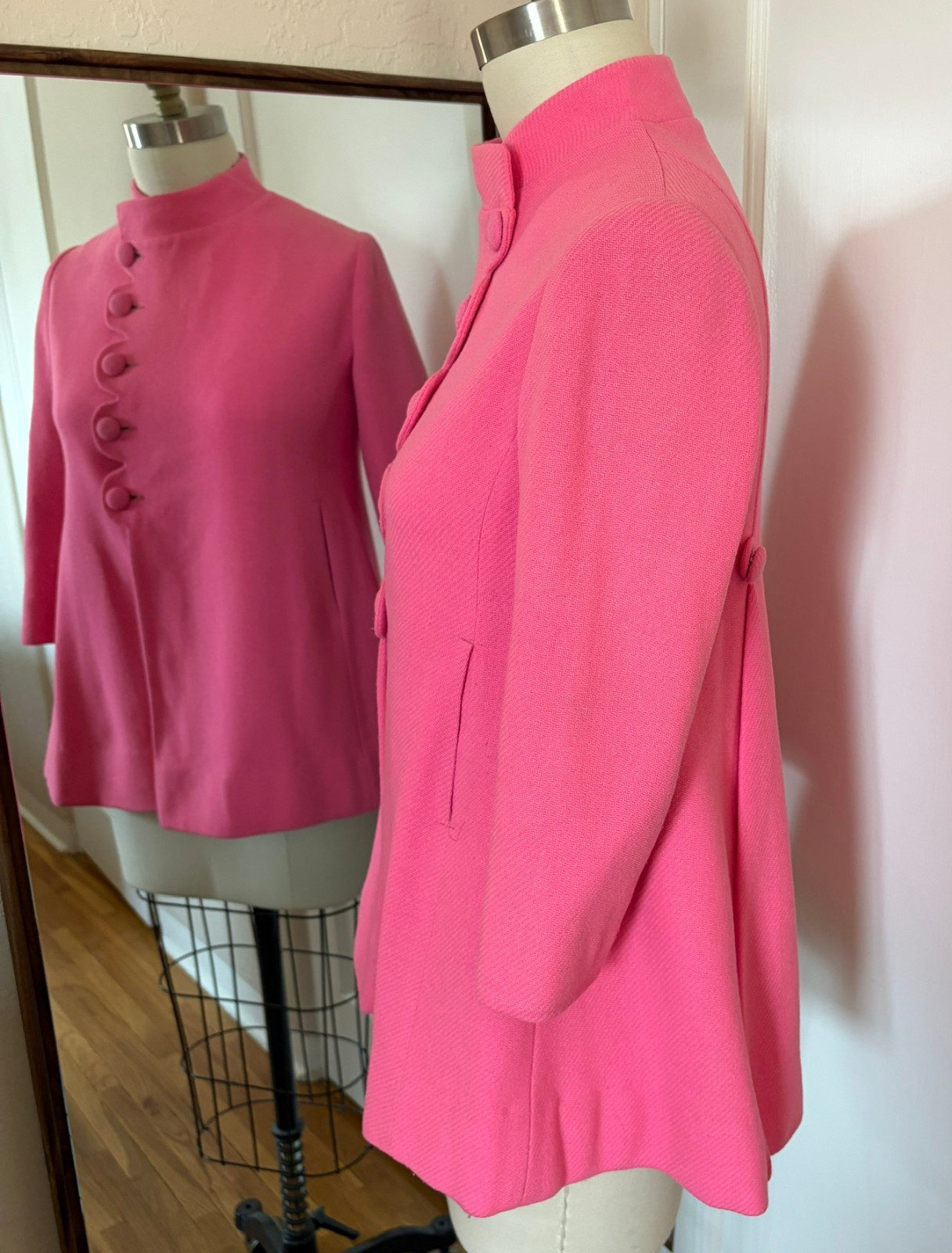 Vintage 1960s Mod Swing Jacket Hot Pink Chevron Twill ILGWU Union Made Coat Sz S