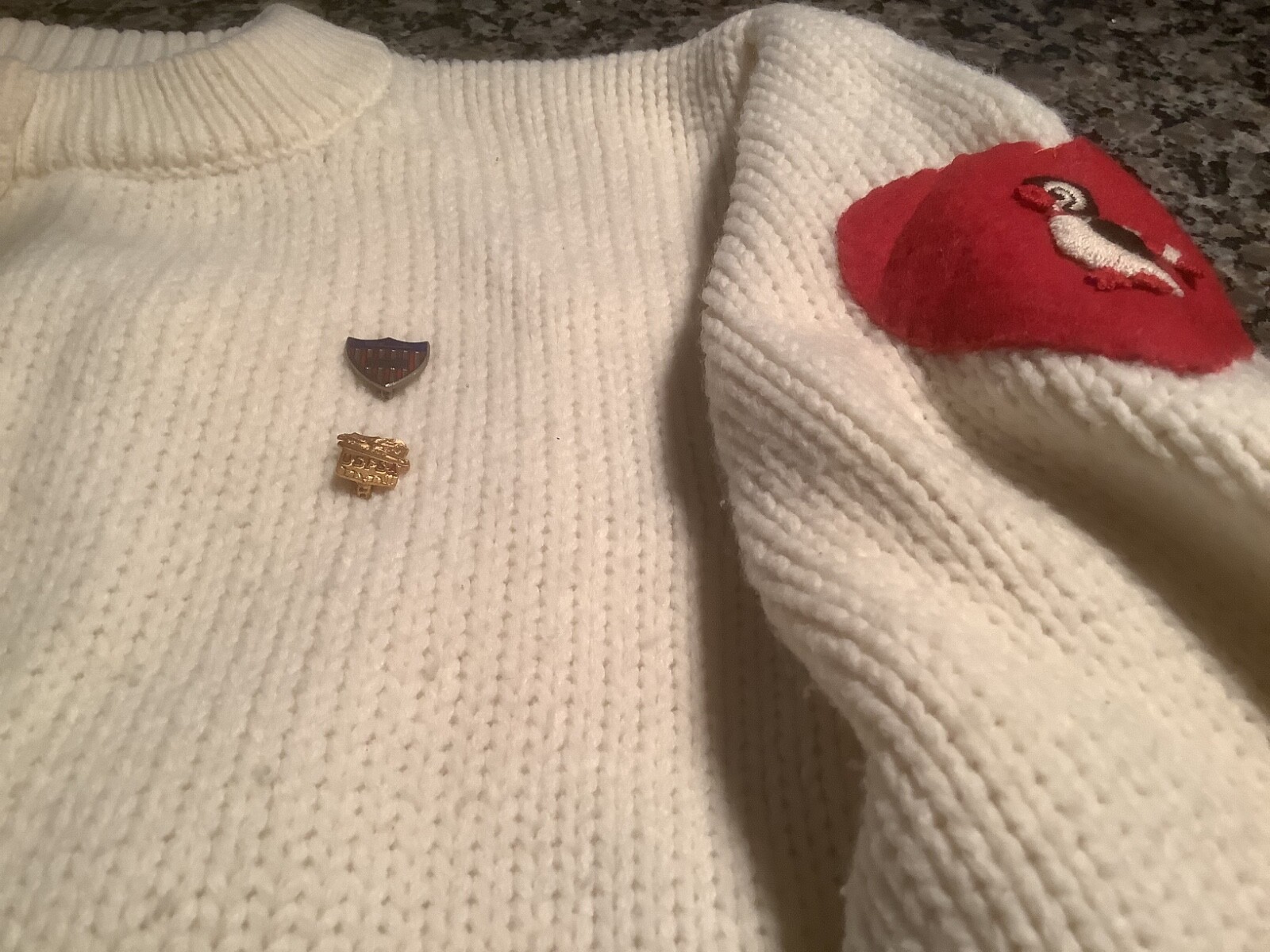 Vintage skating sweater, with old patches and pins! 19 inches pit to pit! COOL!