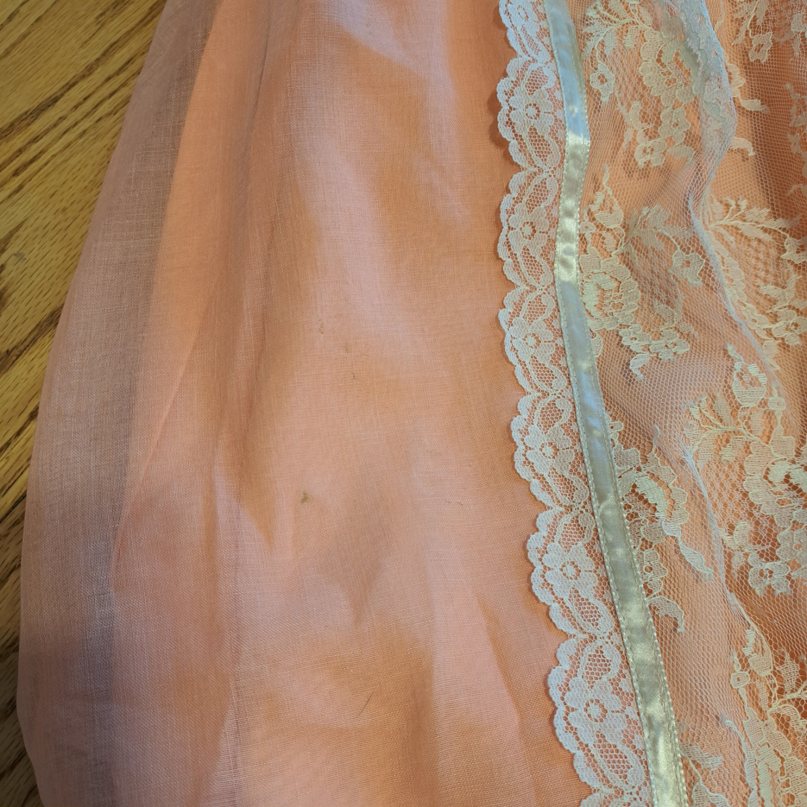 Vtg 70s Peach Chiffon Lace Prairie Granny Victorian Prom Maxi Gown Sz 7/8 Flaws