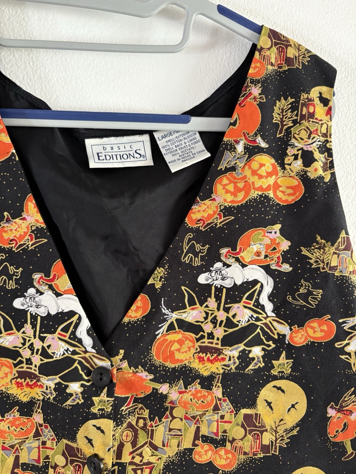 Vintage 1990s Basic Editions Halloween Vest Witch Pumpkins Ghost Sz Large