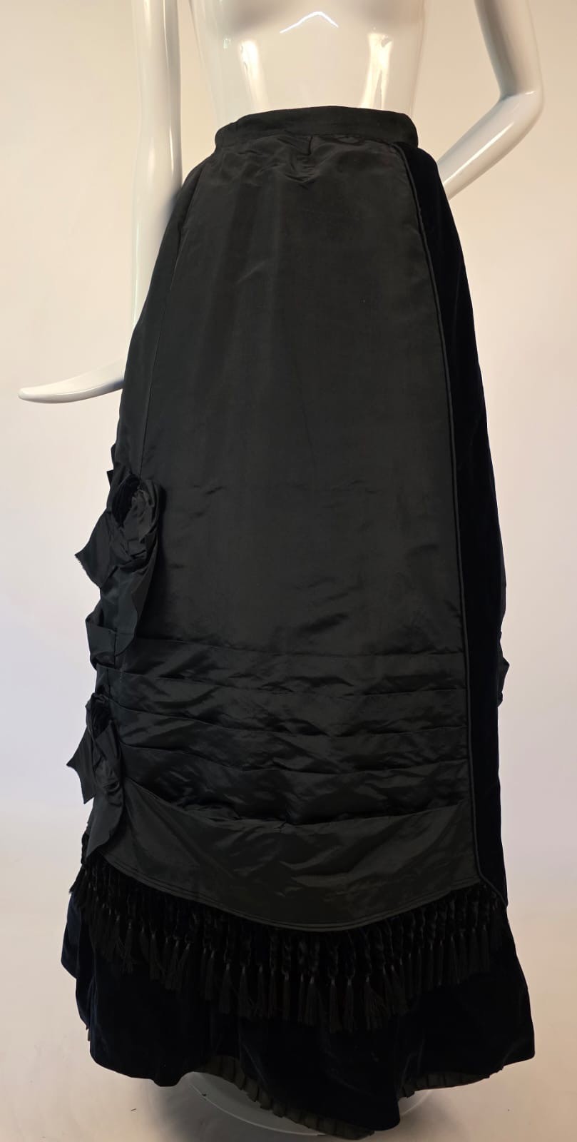 VICTORIAN 1870’S BLACK SILK RECEPTION GOWN SKIRT W SILK VELVET TRIM + TRAIN
