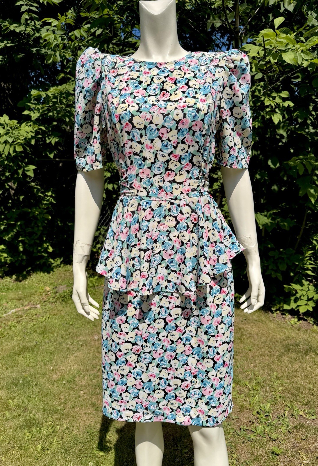 Vintage 1980s does 1930s PEPLUM Wiggle Dress Puffed Sleeves Floral ‘By Choice’
