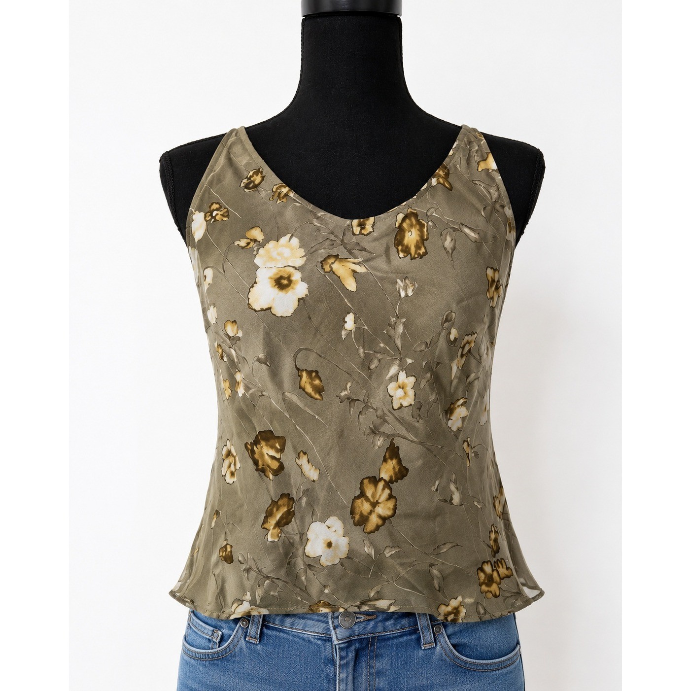 Vintage Escada Elements 100% Silk Top, EU 40 (US 8/10) Olive Green Floral Blouse