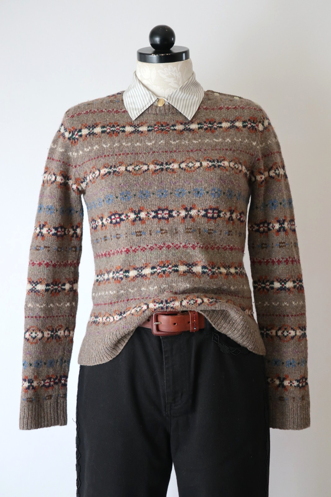 Ralph Lauren Beige Wool Cashmere Fair Isle Crewneck Handknit Sweater Women XS S