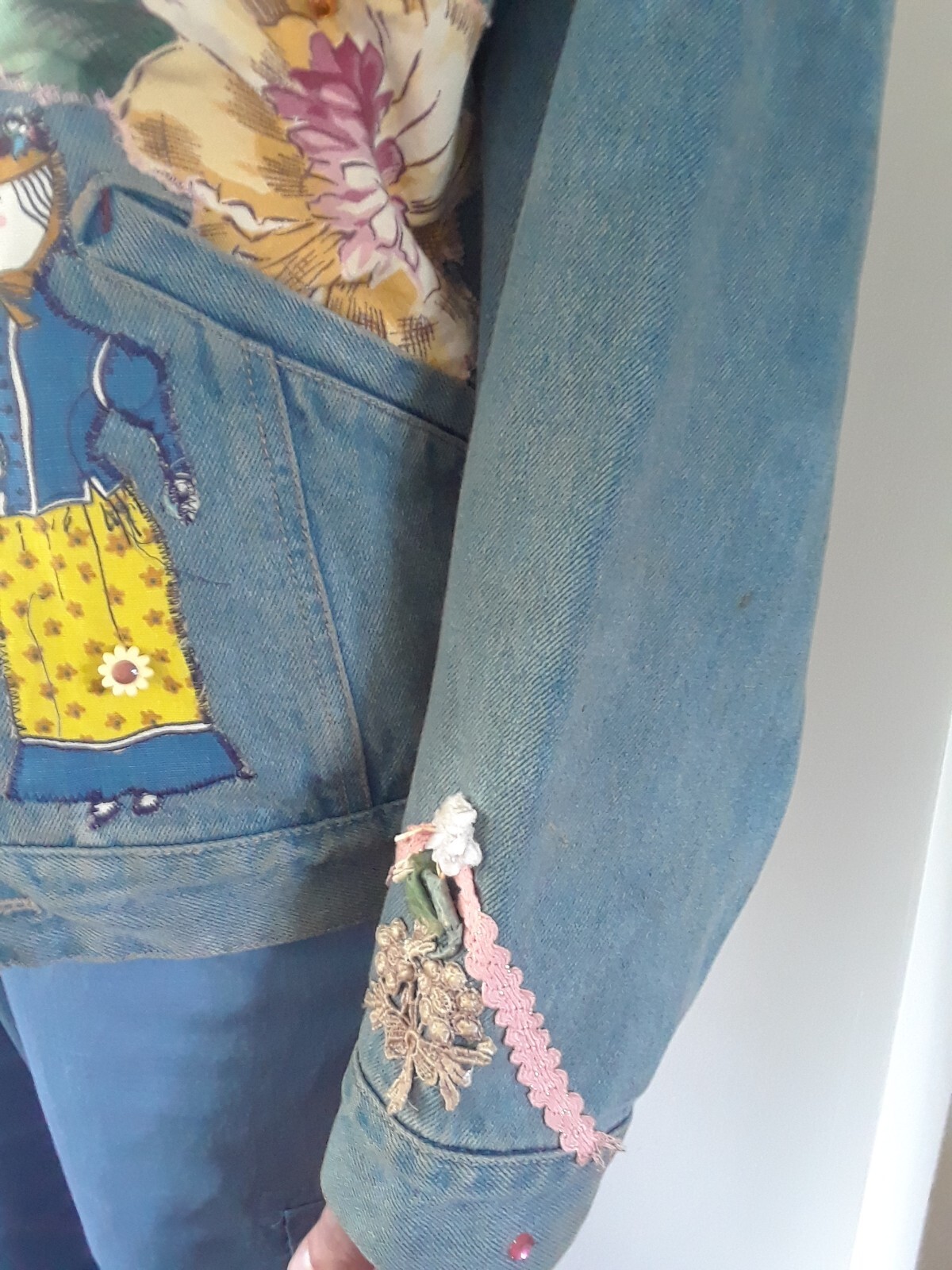 80s BoHo Embellished Jean Jacket Flowers Figures Trinkets Lace by Lilla