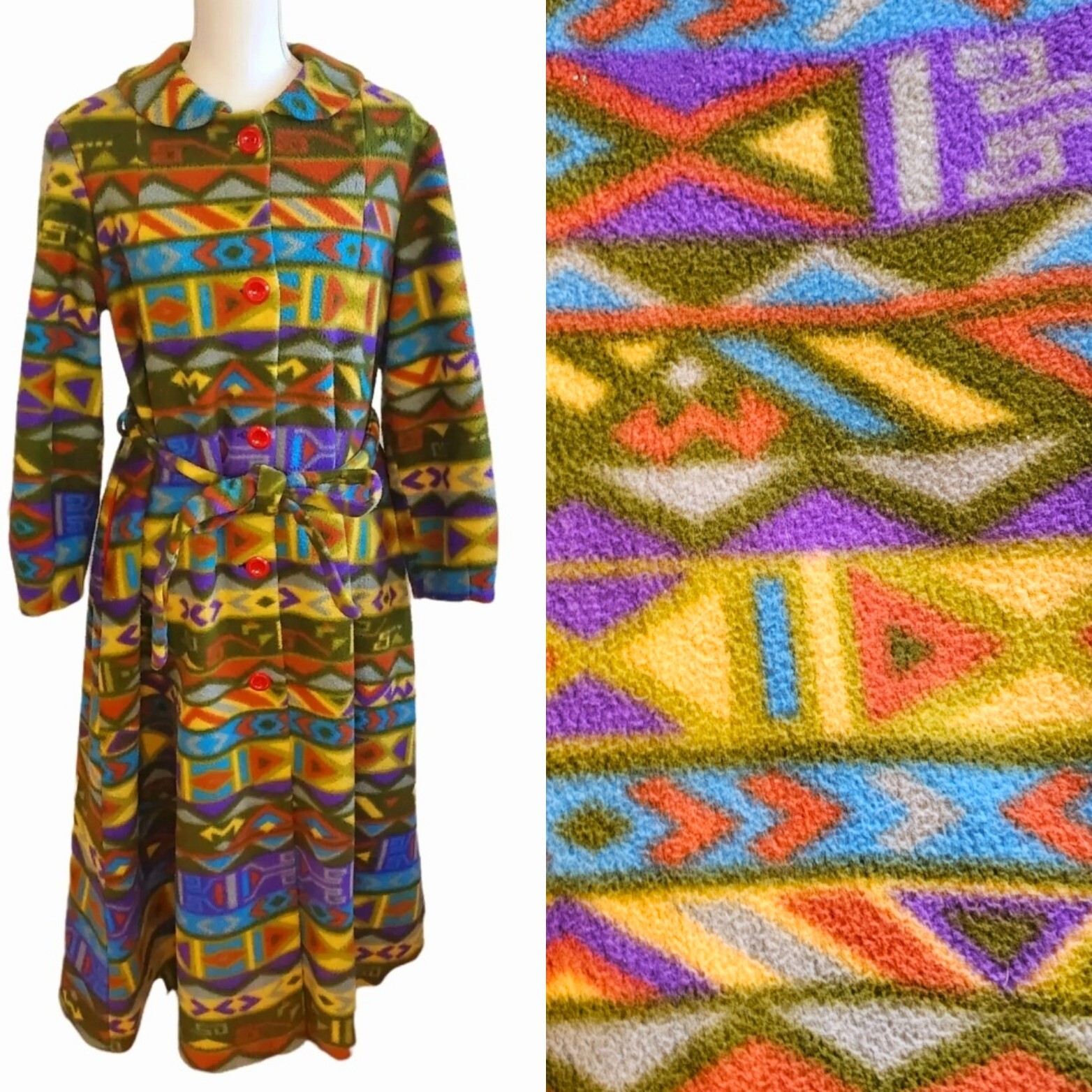 Vintage 60s Womens Size Small Southwest Aztec Fleece Long Trench Jacket Mod