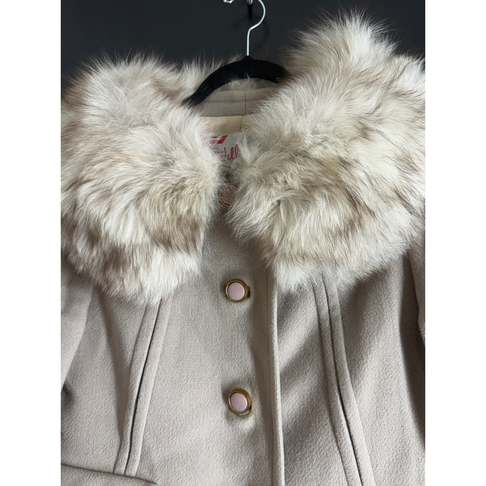 Vintage Wellesley Stevens Forstmann Wool Coat Faux Fur Collar Beige Long Jacket
