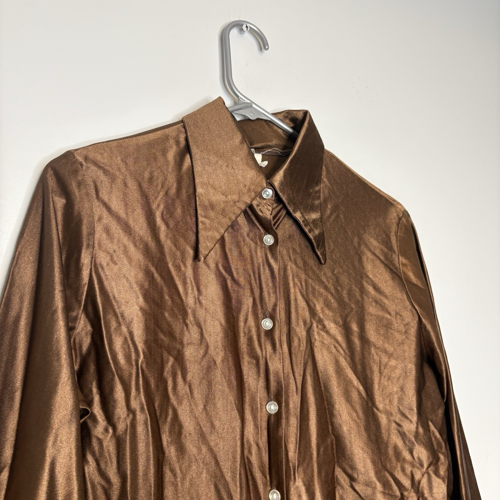 Vintage 70s 80s Copper Enkalure Blouse Womens M Neck Tie Button Retro Silky
