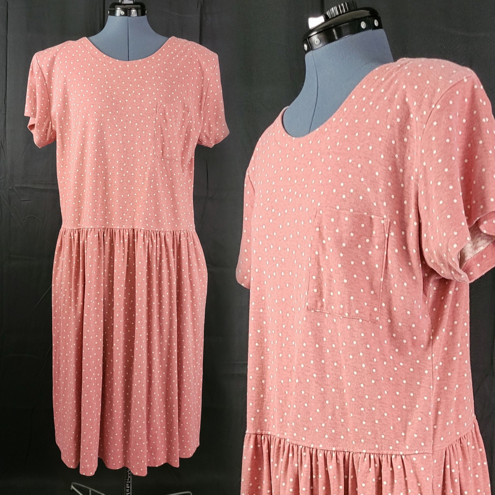 Vtg Alison J Woman Mauve Pink Knit Dress w White Polka Dots & Pockets Size XXL?