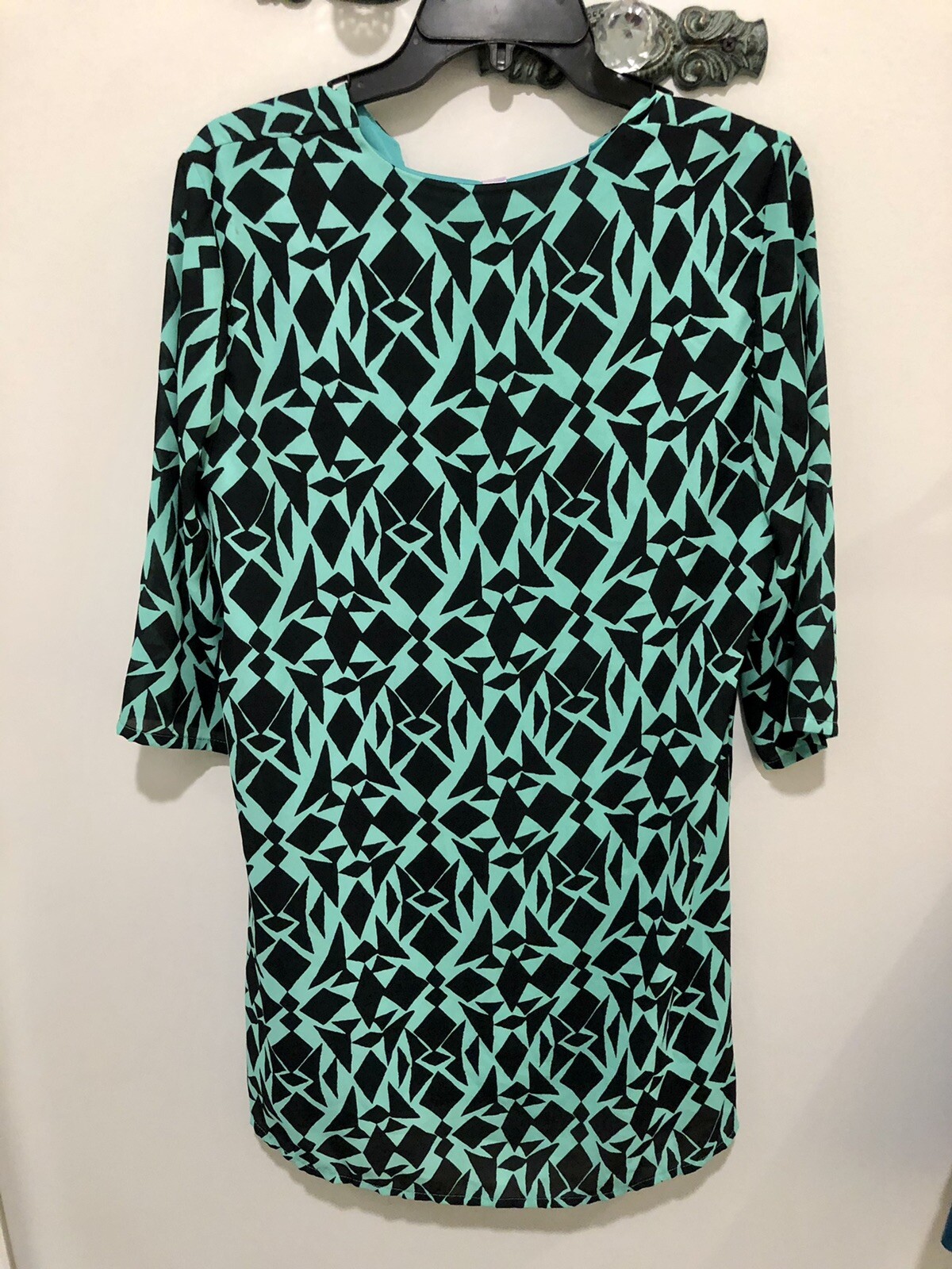 Alyce Funky 1980’s Geometric Print Dress Seafoam Green N Black Sz M 20.5×34