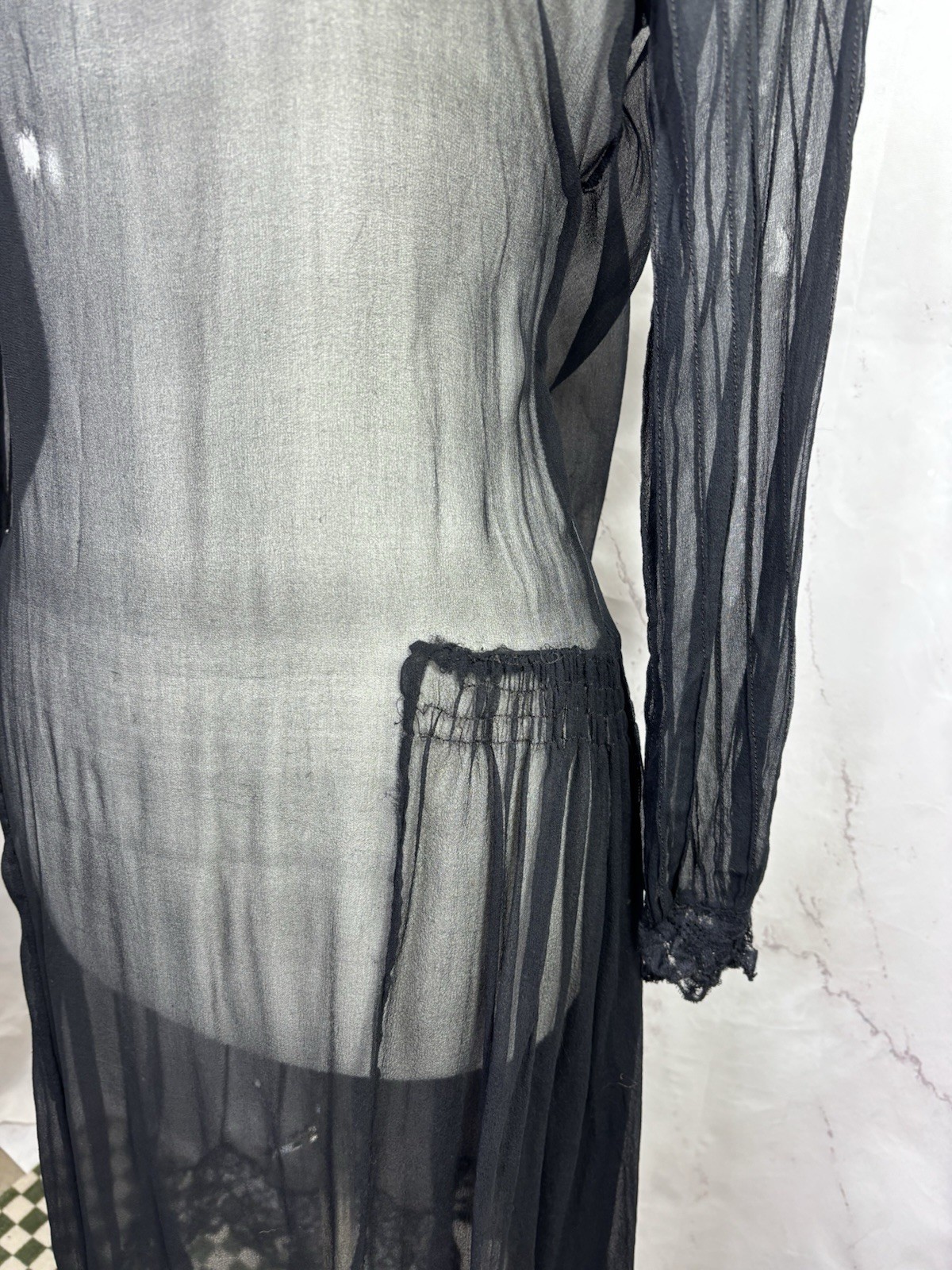 Antique 1920s Black Sheer Silk Chiffon Drop Waist Dress Art Deco Glam Vintage M