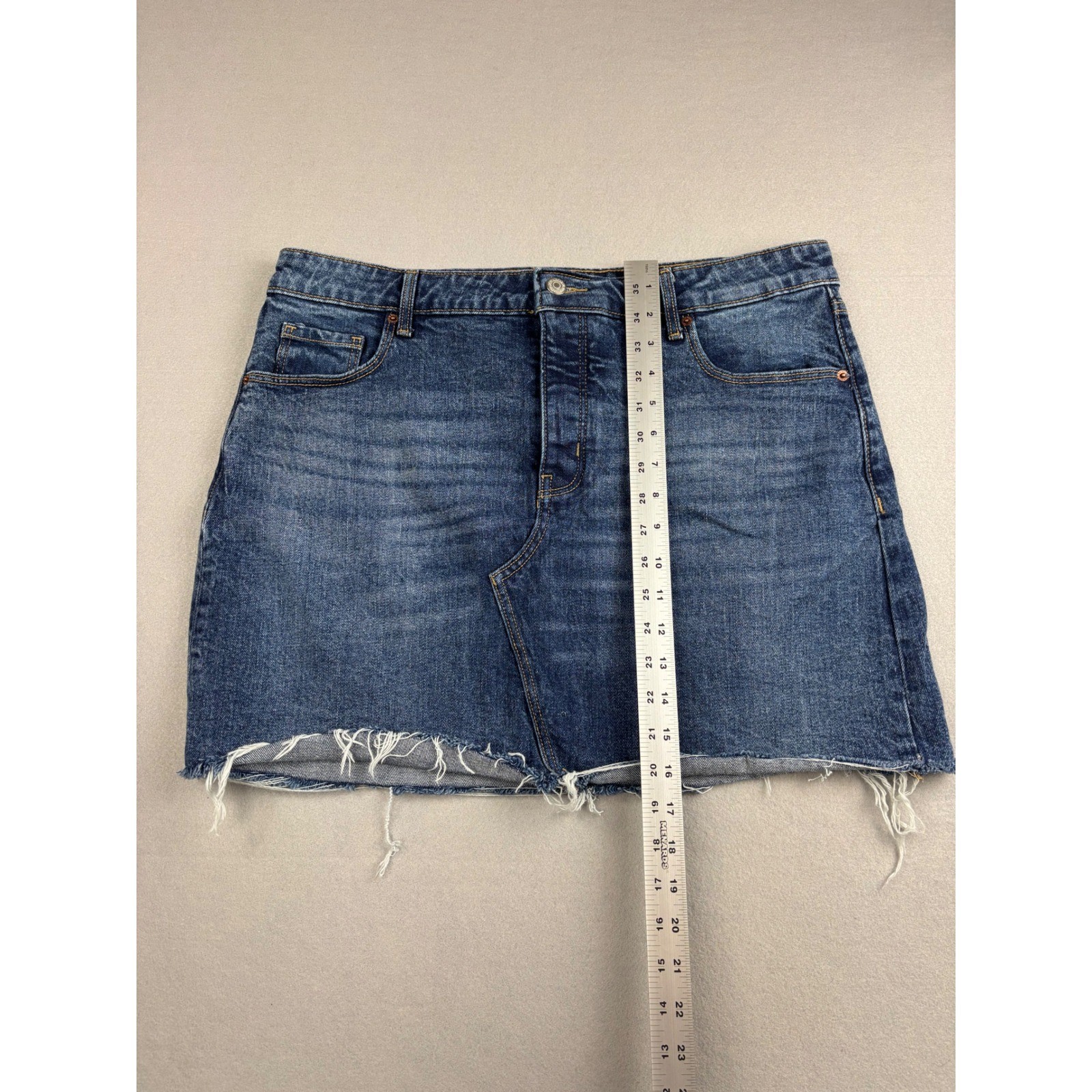 Old Navy High Rise Denim Skirt Size 14 Button Fly Frayed Hem Jean Skirt