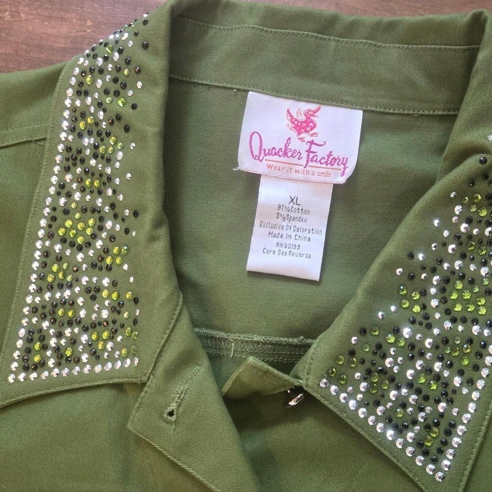 Quacker Factory Olive Green Rhinestone Embellished Denim Jacket XL Cotton