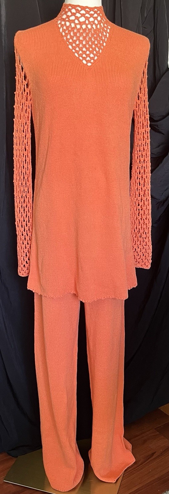 Vtg 1960s-70s Orange Jane Knit Palazzo Pants Mini Dress Tunic 2 Pc Set 33” Insea