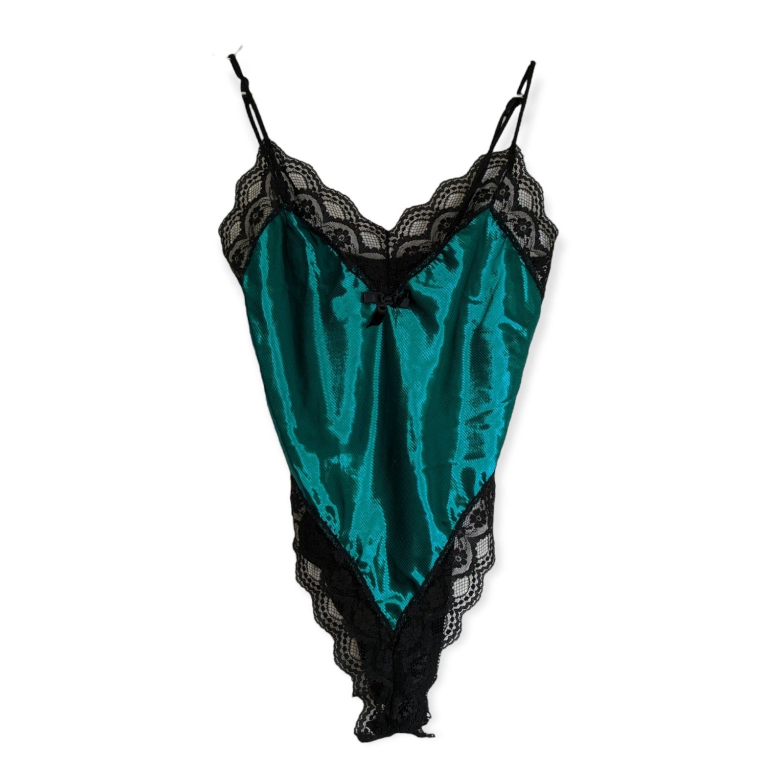 Vintage 70s LADY CAMEO DALLAS Teal Satin & Black Lace Teddy