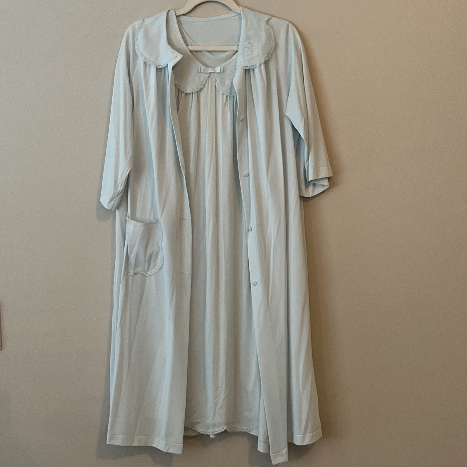 Vintage Shadowline Nightgown Robe Set Baby Blue Peter Pan Collar Medium Lace