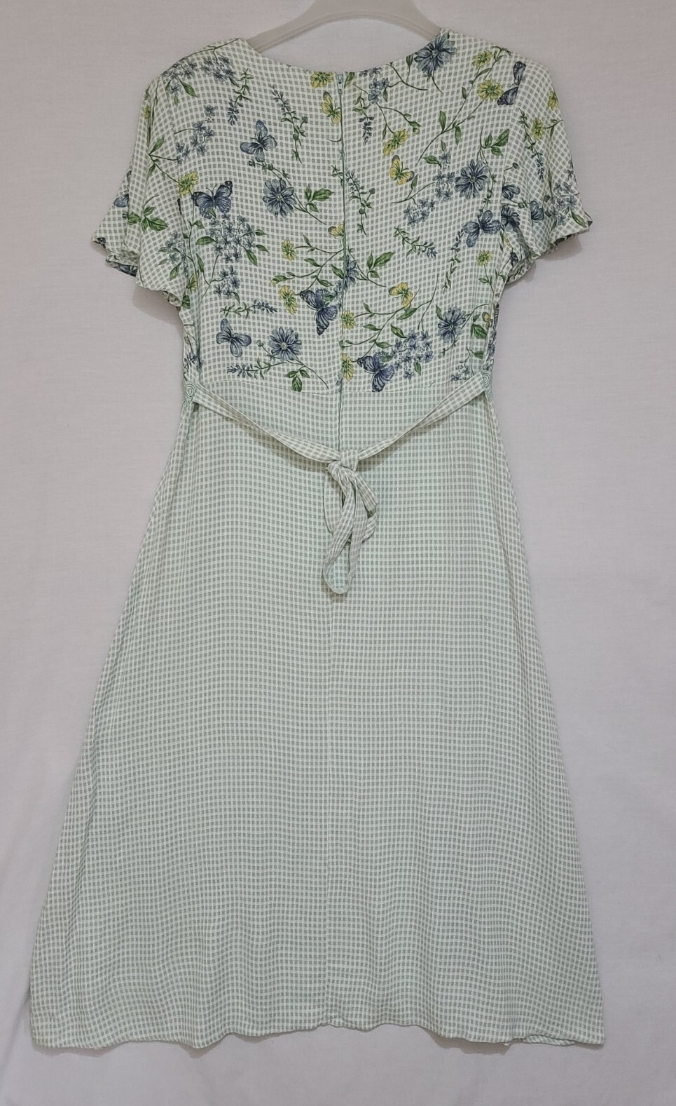 Vtg Another Thyme Green/White Gingham Check Floral Tie Back Maxi Dress Sz 16