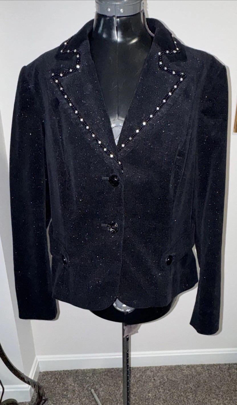 VTG Bisou Bisou Western Black Glittery Jacket Blazer Embellished Back Cut Out L