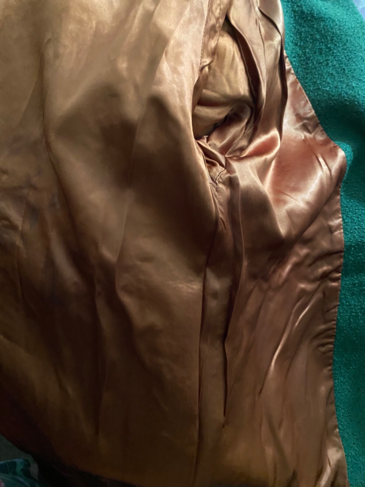 Vintage FOREST GREEN BOILED WOOL Coat MINK FUR COLLAR Copper Satin Lining M