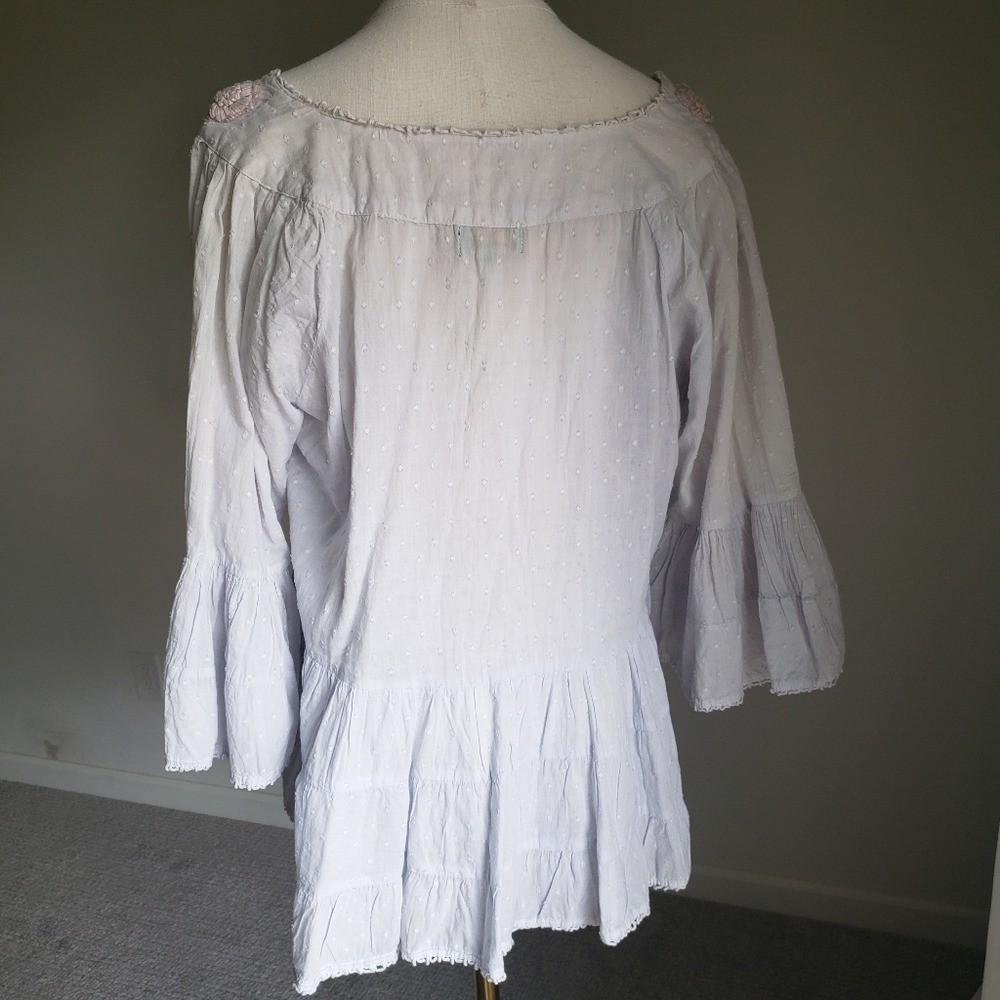 Antica Sartoria Baby Blue Peasant Blouse with Taupe Floral Embroidery One Size
