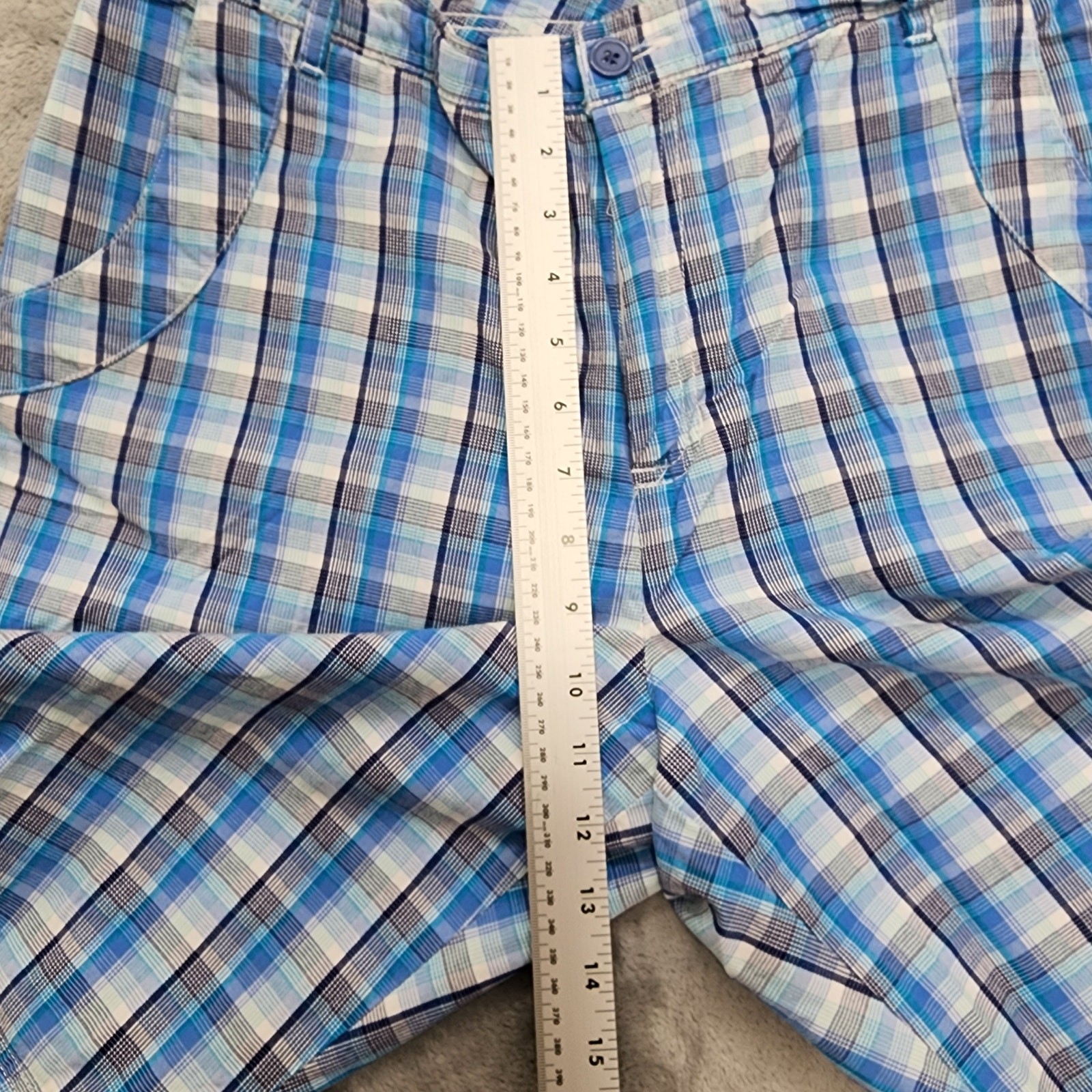 Vintage 90s Basic Editions Shorts Women L Blue Plaid Cotton Cargo Utility Casual
