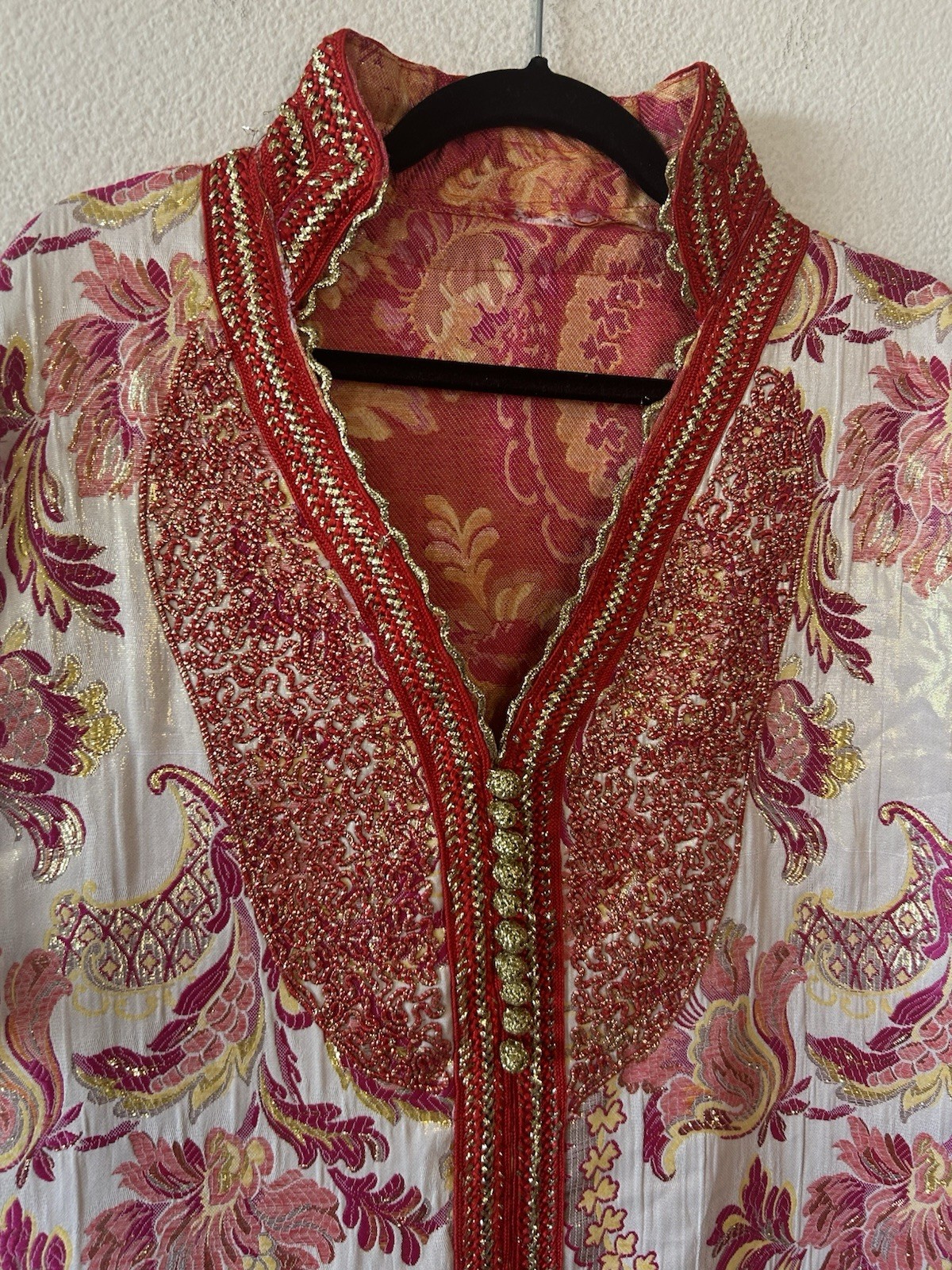 Vintage 1970’s Moroccan Brocade Kaftan Maxi Dress Pink Gold Embroidered L/XL