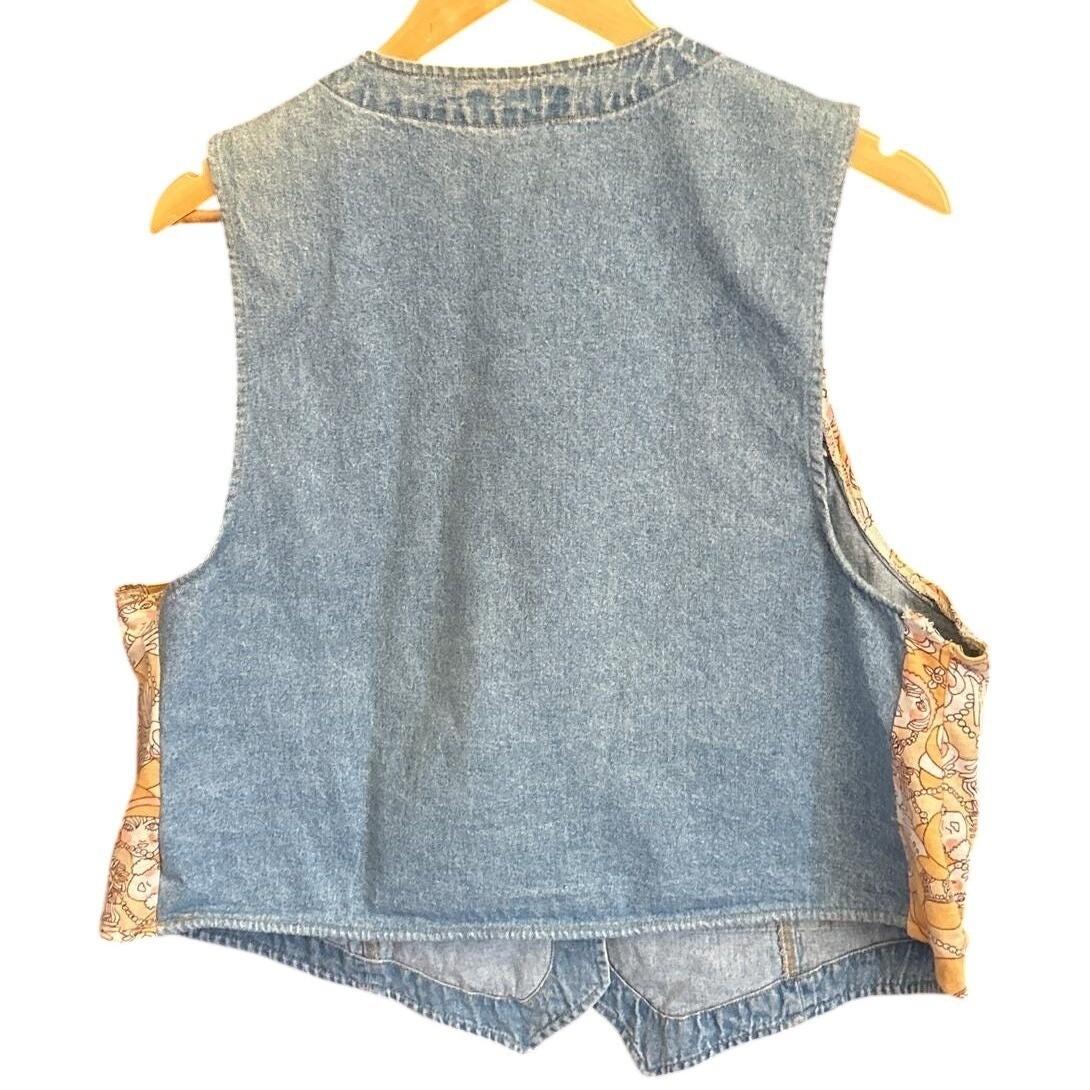 90s Cherokee Denim Vest Flapper Novelty Print Art Deco Kitschy Retro Waistcoat