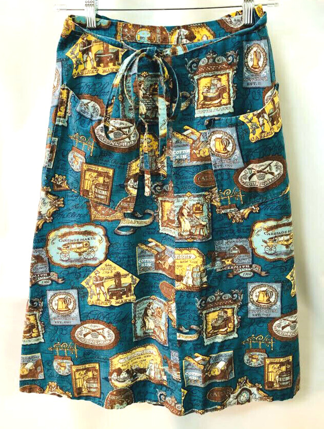 Vintage 1960s blue cotton Early American colonial print wraparound tie skirt M